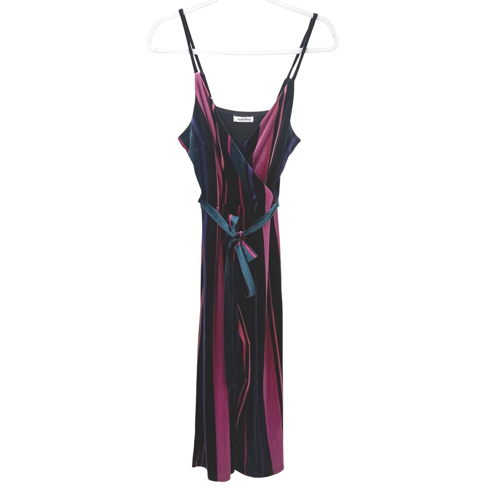 Speechless Striped Velvet Wide Leg Jumpsuit Jewel Tones Pink Teal Purple Small